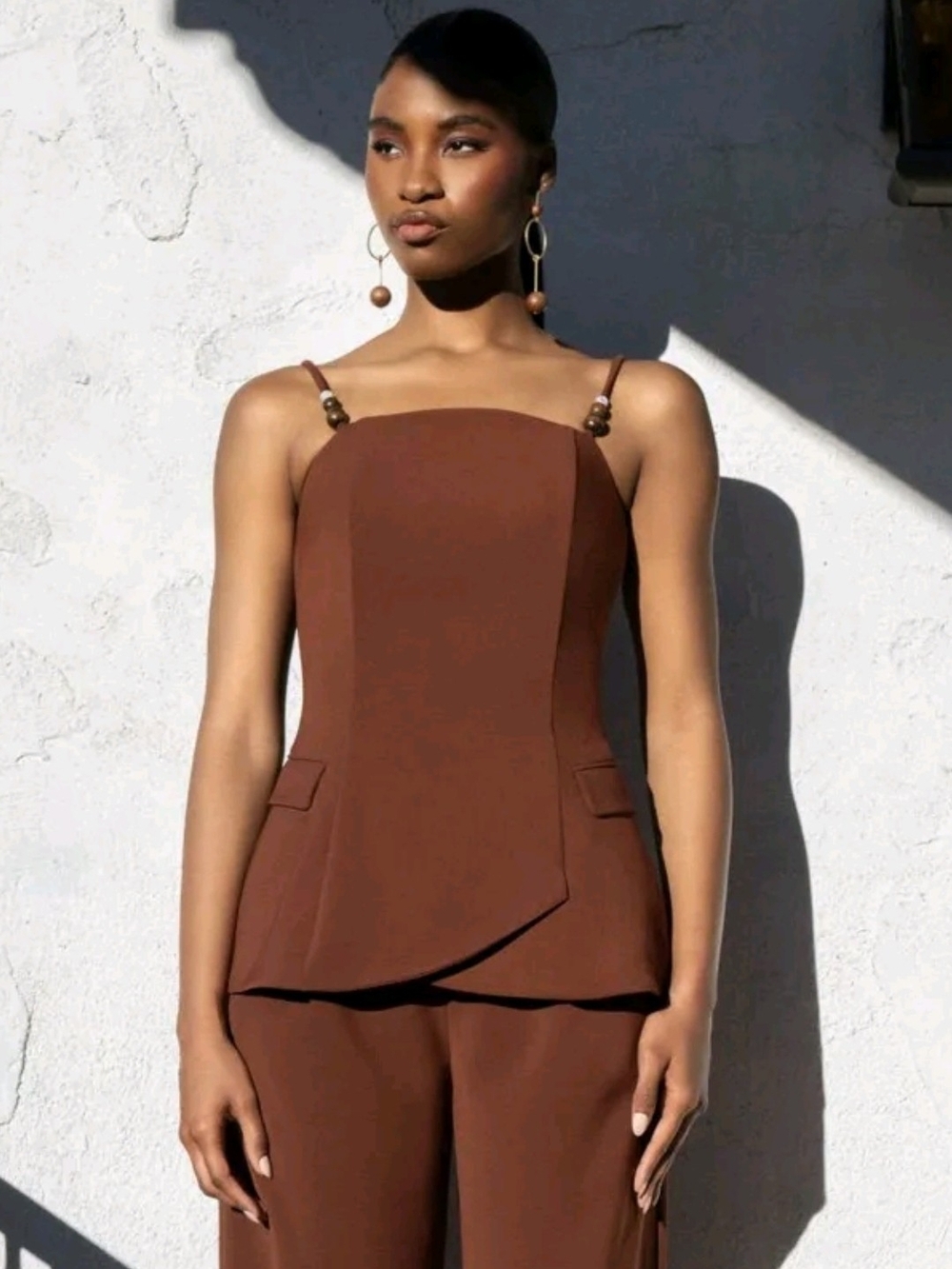 Andrea Iyamah Brown Tailored Jumpsuit Top with Beaded Straps
